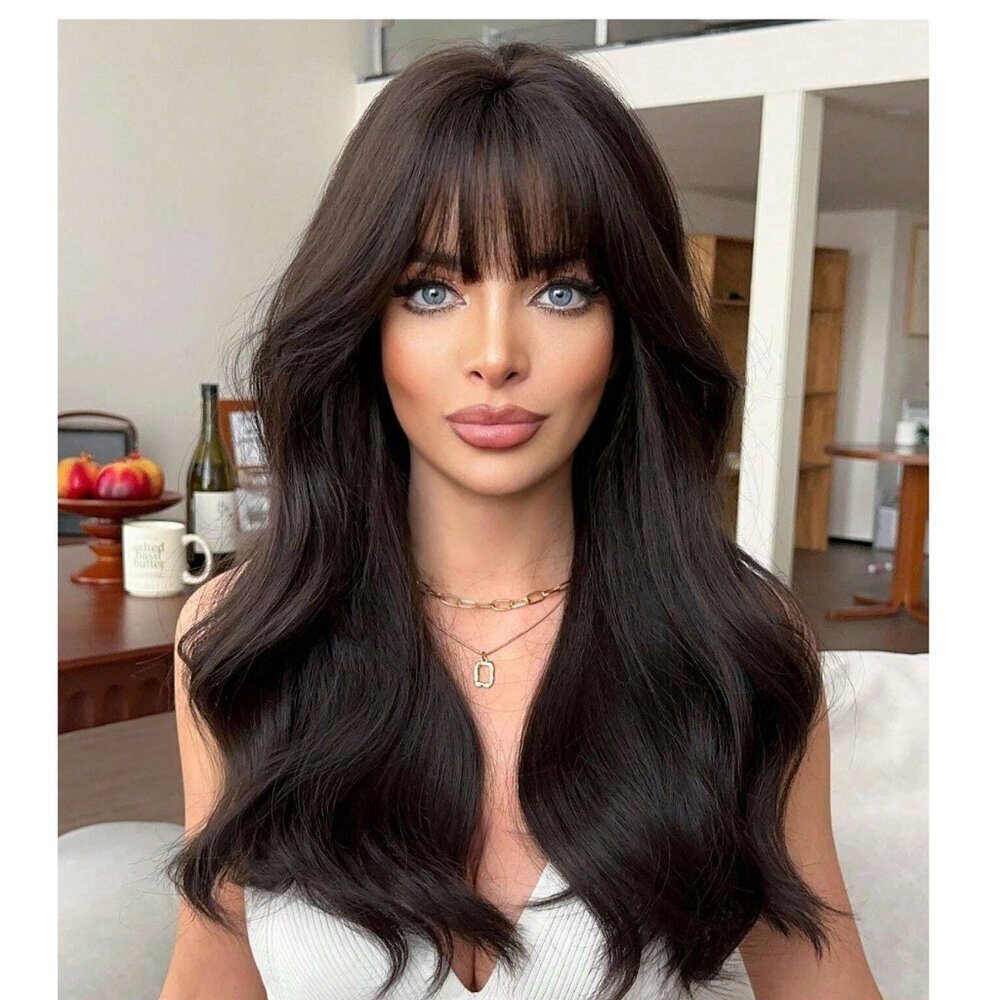 Medium lenght Wig Brown Loose Wavy Wig With Bangs | Ultra Natural Look |